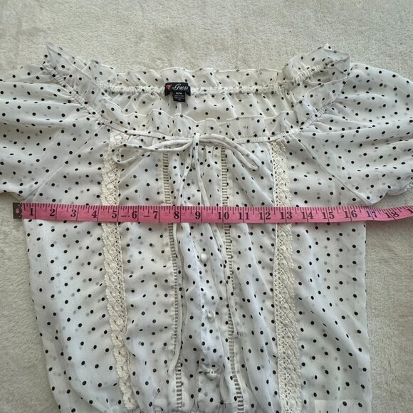 Guess Shear Size Medium Cinched Waist White Black Polkadot Puff Sleeves Lace Fem - Picture 9 of 10